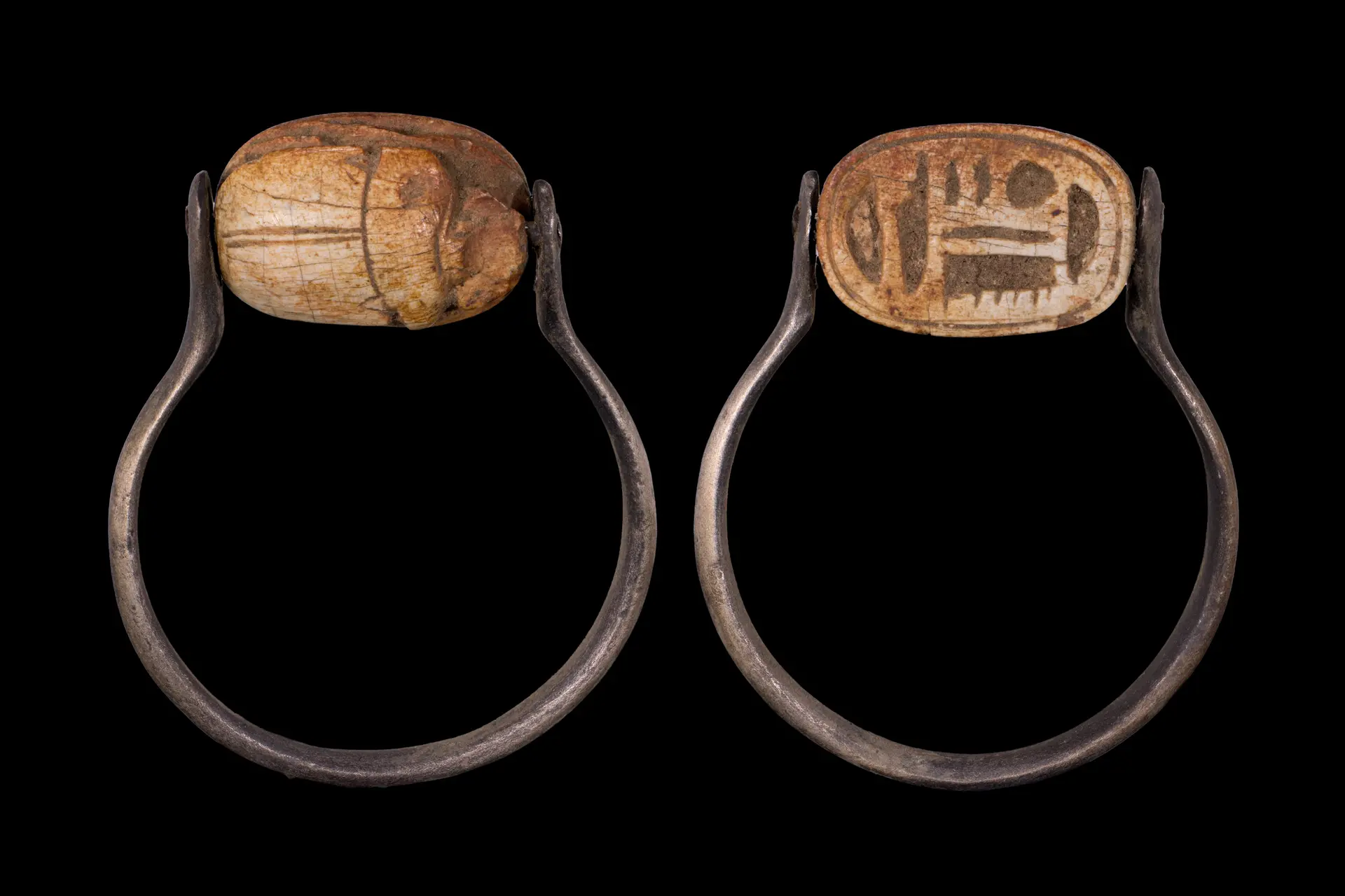 EGYPTIAN GLAZED SCARAB WITH SOBEK-RE AND WADJET IN SILVER RING