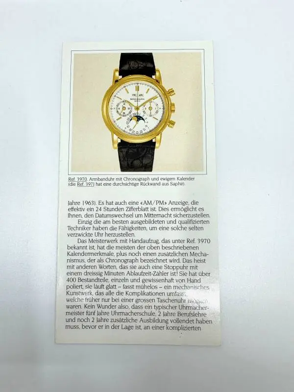 Patek Philippe seltenes Datenblatt für die Referenz 3970 und 3971