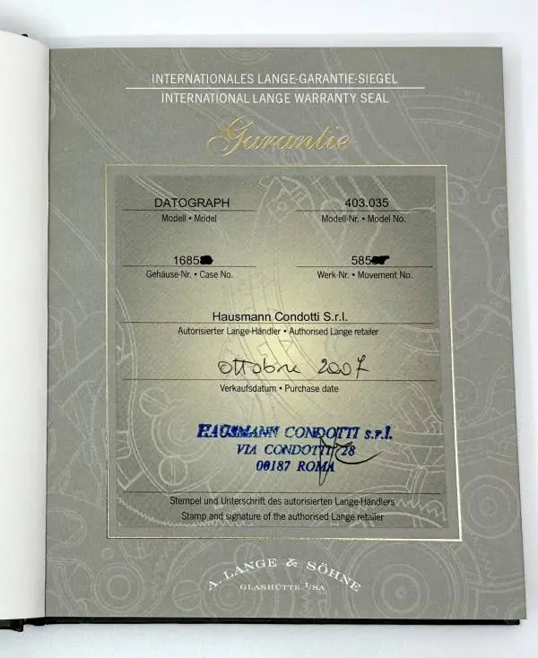 A. Lange und Soehne Datograph in Platin Ref. 403.035 Zertifikat 2007