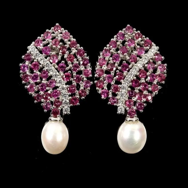 Natural Rhodolite Garnet & Pearl Earrings