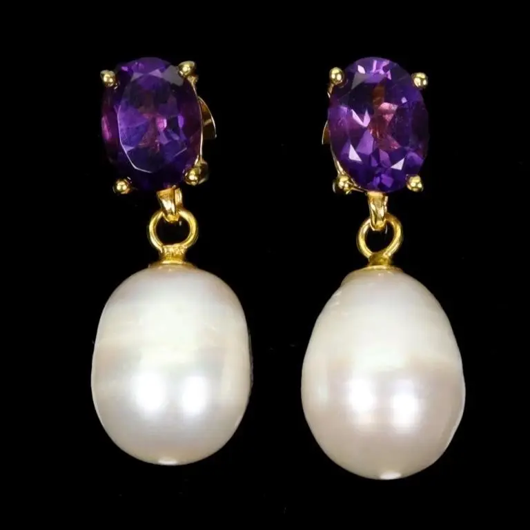 Natural Pearl & Amethyst Earrings