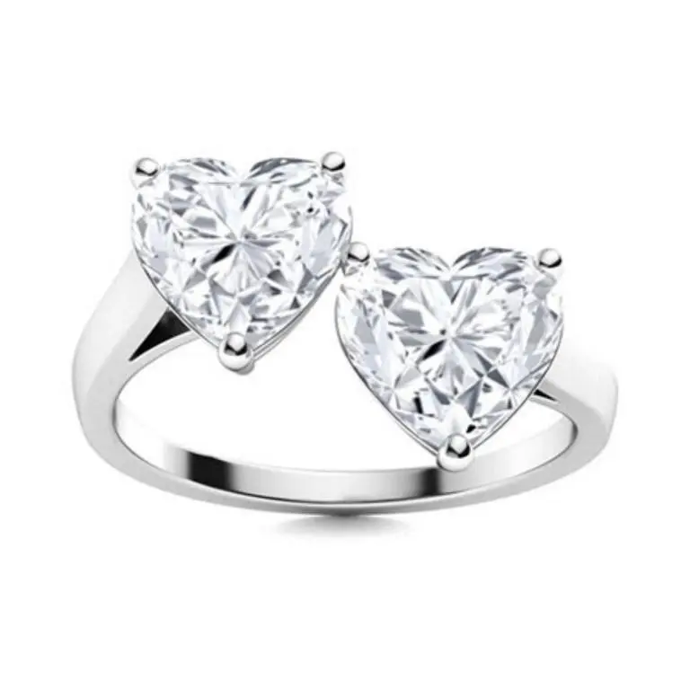 Gold Double Heart White Diamond 2 Cts Ring - E/VVS