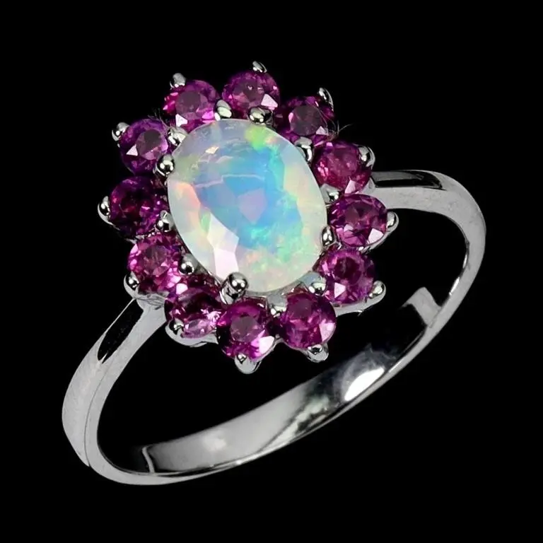 Natural White Opal & Rhodolite Garnet Ring