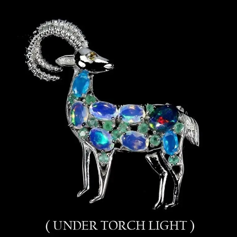 Natural Multicolor Opal & Emerald Goat Brooch