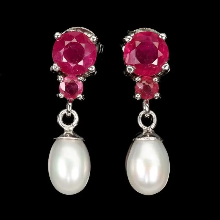 Natural Red Ruby & Pearl Earrings