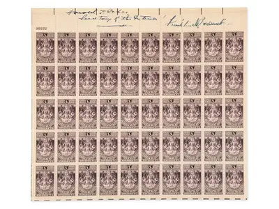 Franklin Roosevelt & Ickes Signed Stamp Sheet - Gr