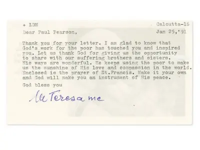 Mother Teresa 1991 Signed Prayer Card