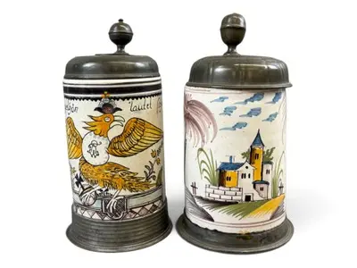 (2) Early Faience Beer Steins
