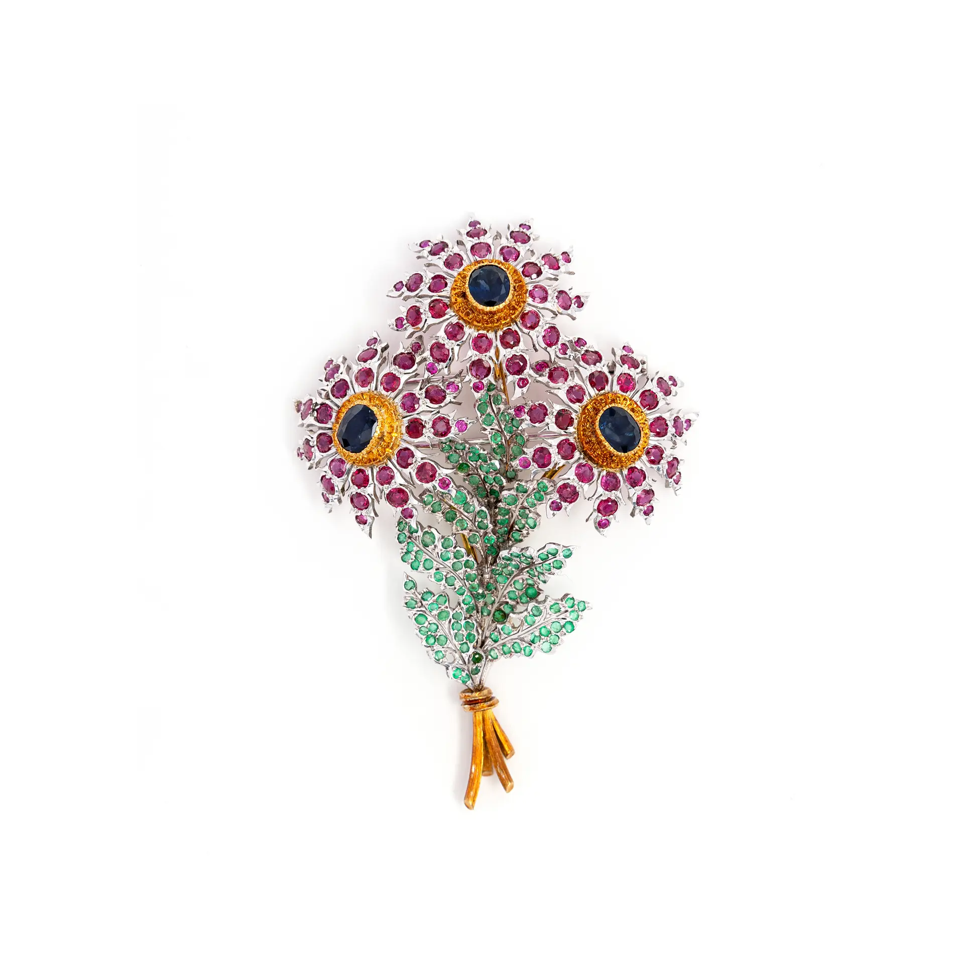 Spilla Bouquet con Rubini, Zaffiri e Smeraldi. Oro bicolore bianco
