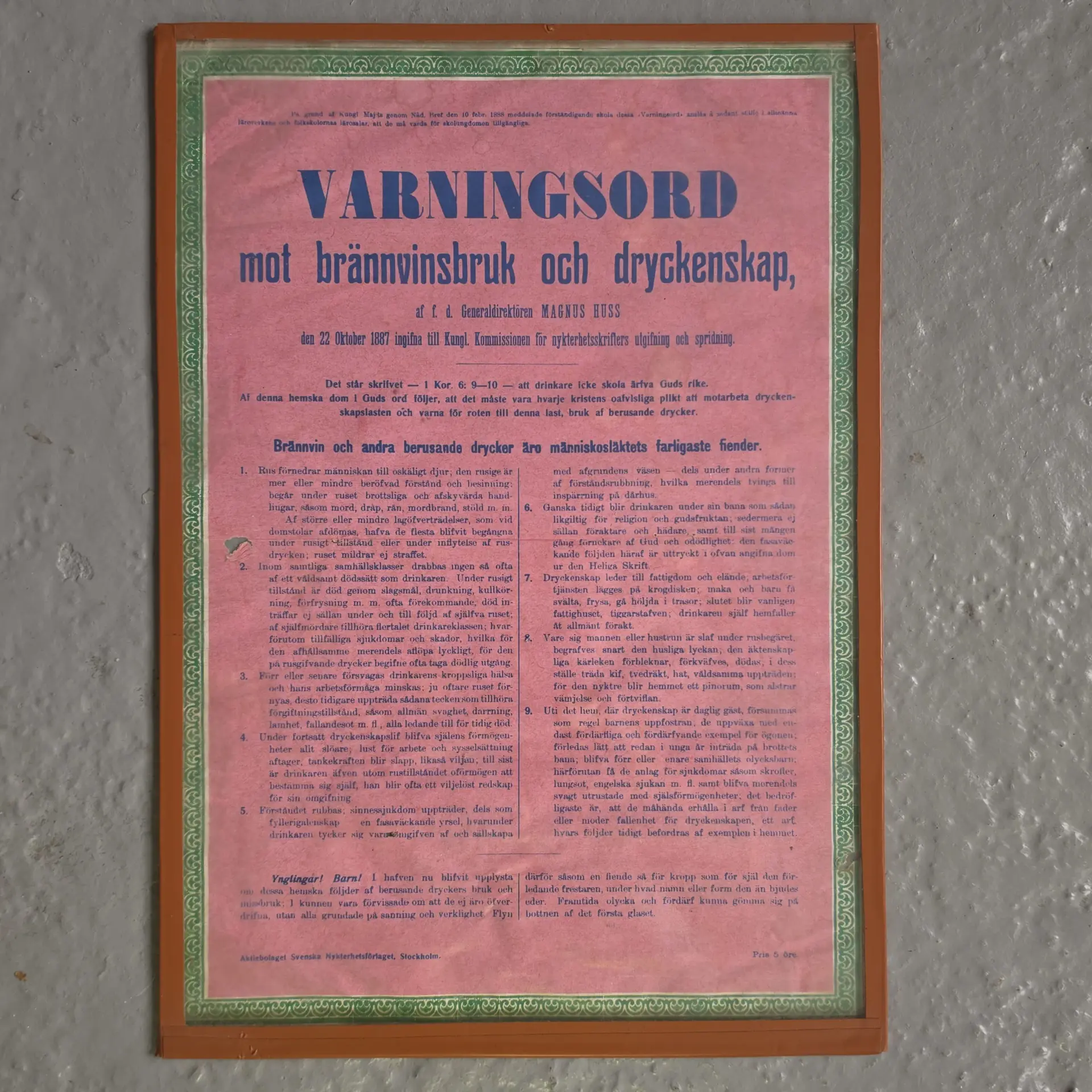 Nykterhetsaffisch (1887) – Magnus Huss "Varningsord mot brännvinsbruk"