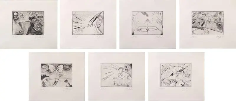 Günter Brus - 7 Radierungen zu Gerhard Roth "Landläufiger Tod" 7 etchings