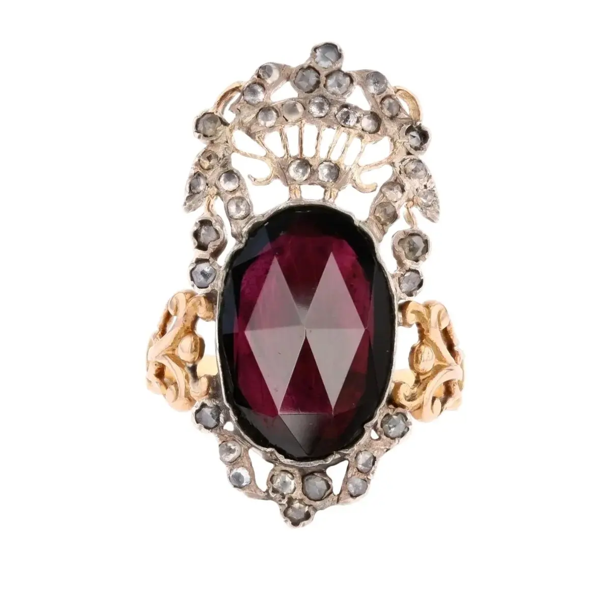 Bague Cocktail en or rose, argent, grenat et diamants