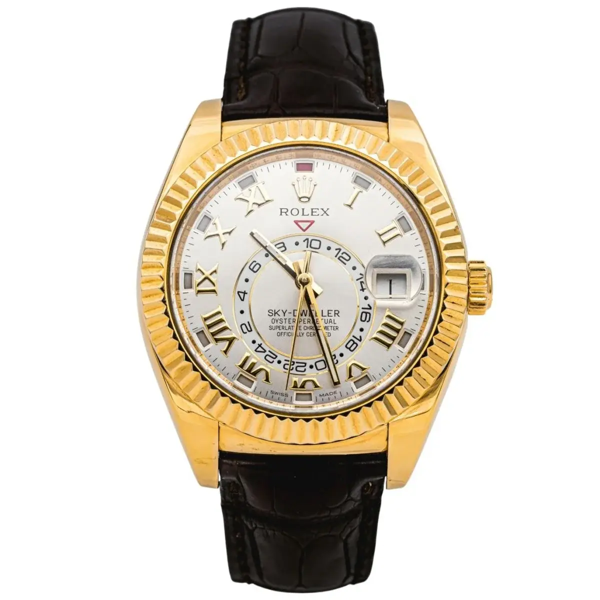 Montre ROLEX "Sky-Dweller" en or jaune, argent, cuir et saphir