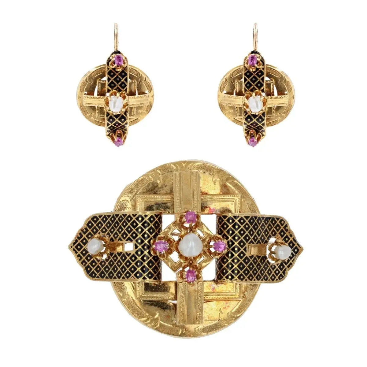 Parure Broche Épingle et Boucles d'oreilles Dormeuses en or jaune