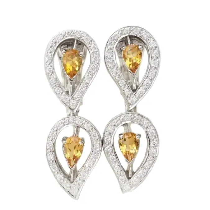 Boucles d'oreilles Pendantes en or blanc, citrines et diamants
