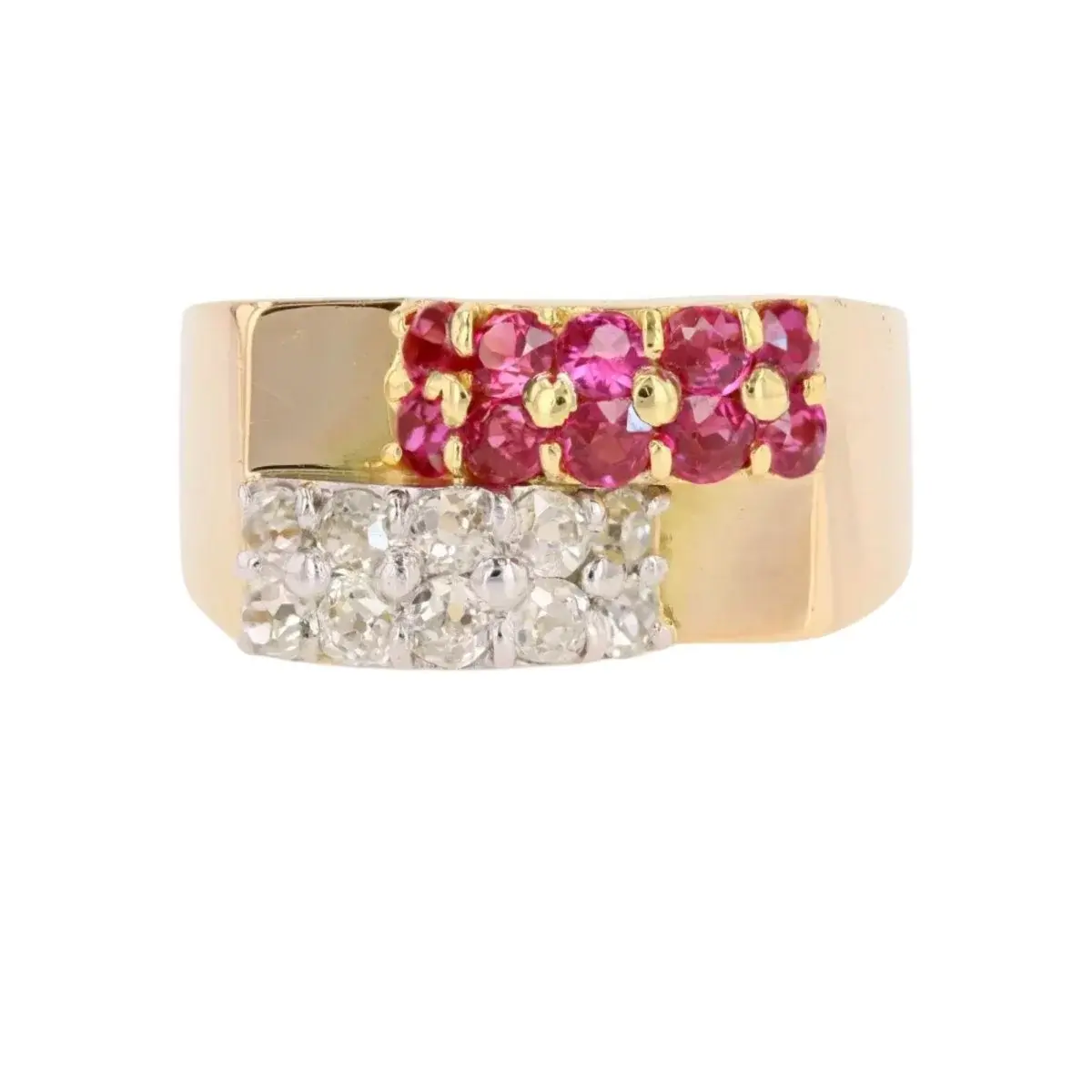 Bague Tank en or jaune, platine, rubis et diamants
