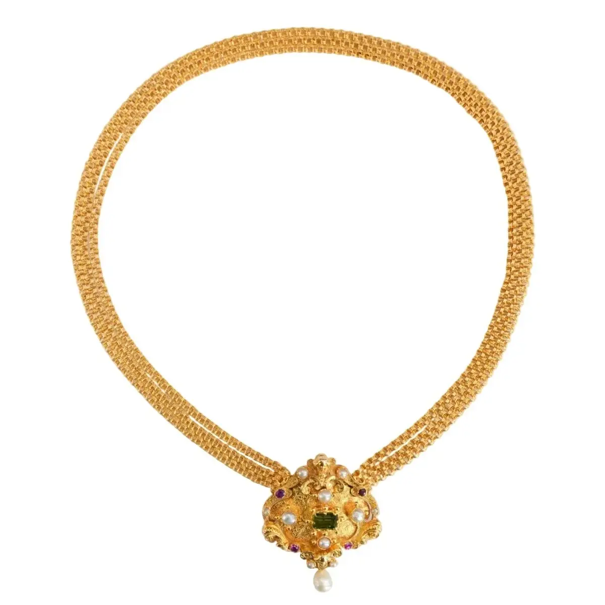 Collier Maille en or jaune, perles, rubis et tourmaline
