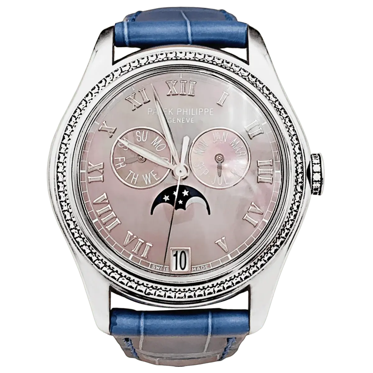 Montre PATEK PHILIPPE "Annual Calendar" en or blanc, cuir et diamants