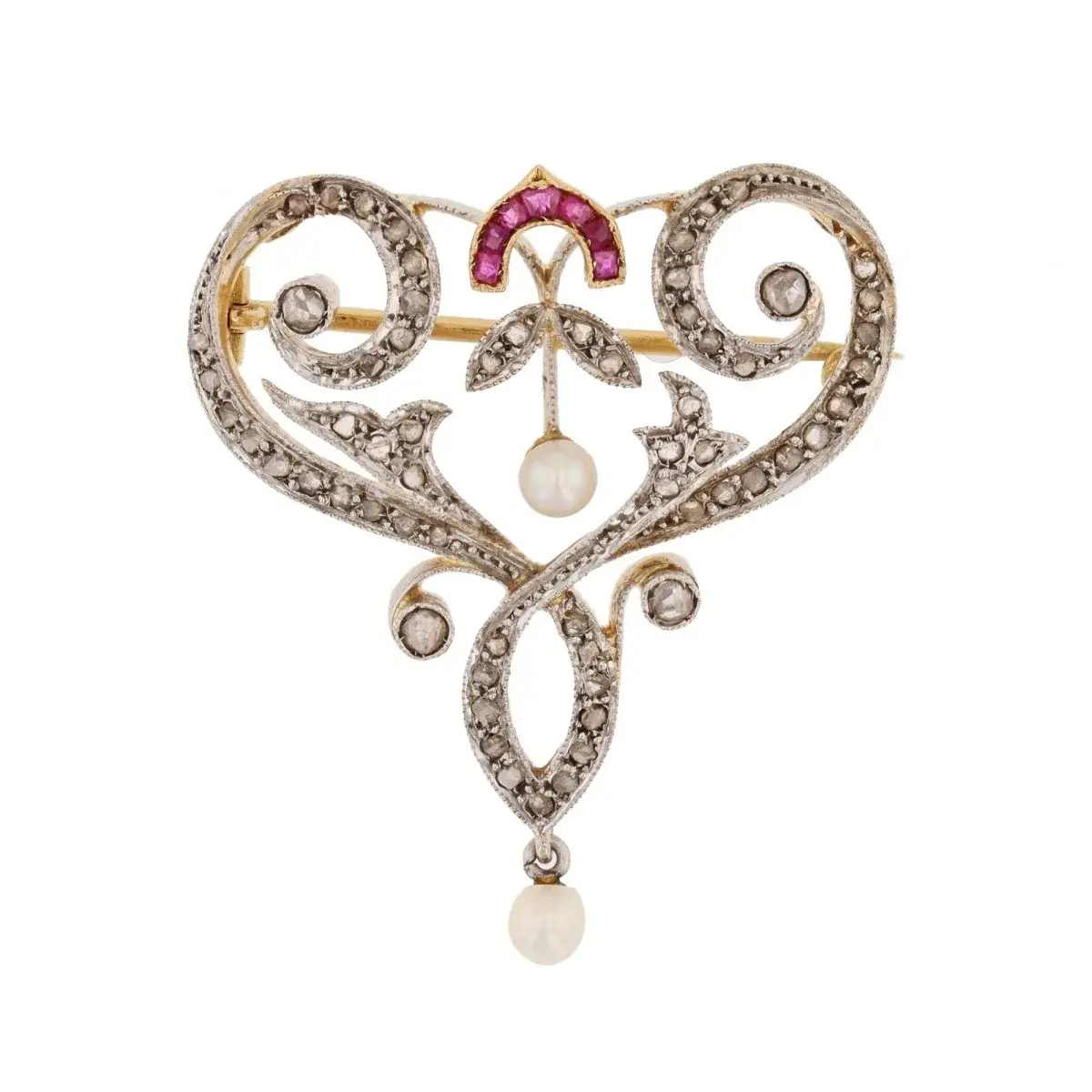 Broche Épingle en or jaune, platine, perles, rubis et diamants