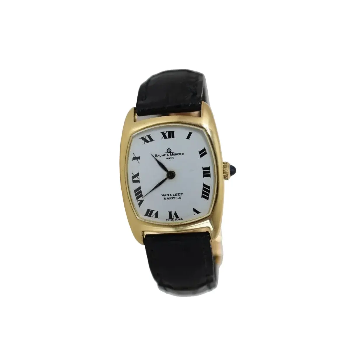 Montre BAUME & MERCIER pour VAN CLEEF & ARPELS en or jaune, cuir et saphir