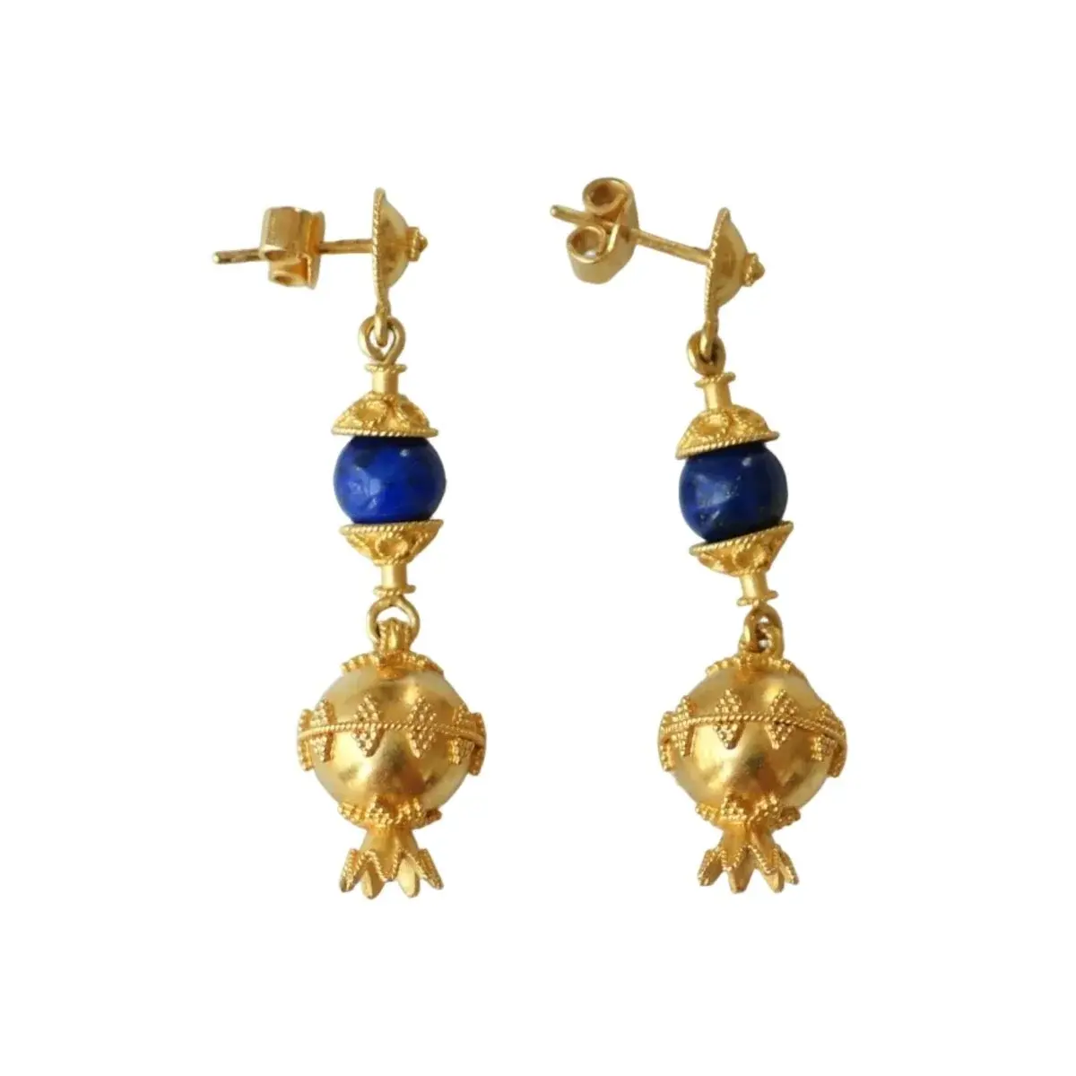 Boucles d'oreilles Pendantes en or jaune, lapis-lazuli et grenades