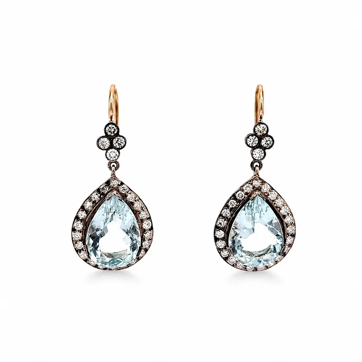 Boucles d'oreilles Pendantes en or jaune, argent, aigues-marines et diamants