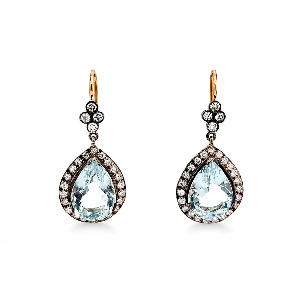 Boucles d'oreilles Pendantes en or jaune, argent, aigues-marines et diamants