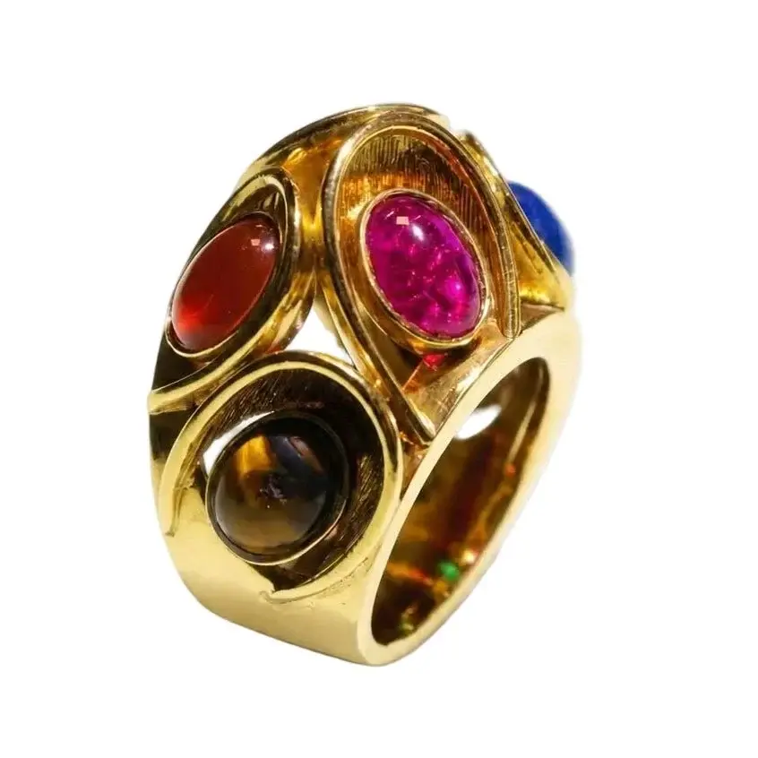 Bague Dôme en or jaune, oeil-de-tigre, chrysoprase, tourmaline, lapis-lazuli