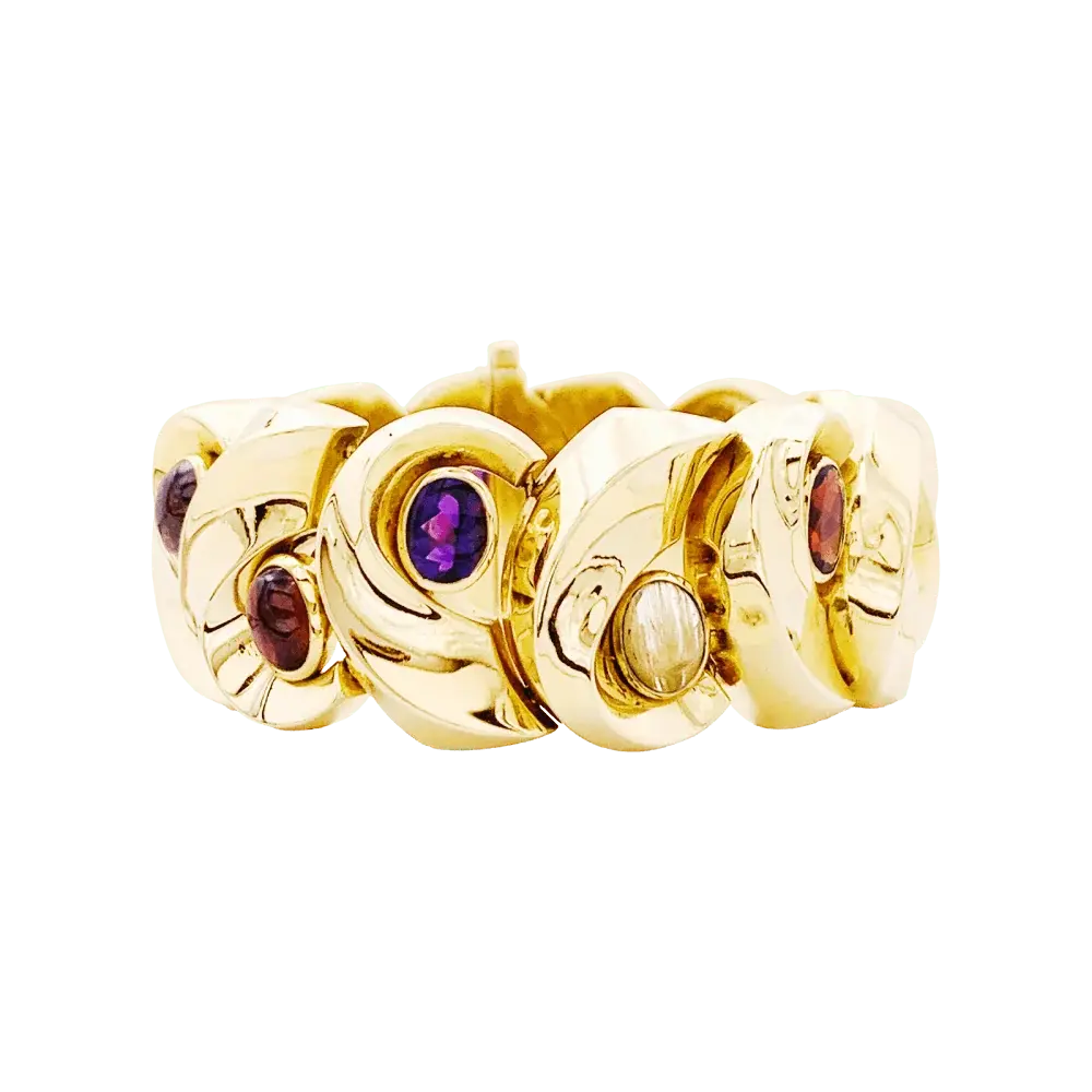 Bracelet Tank en or jaune, améthyste, grenats et quartz