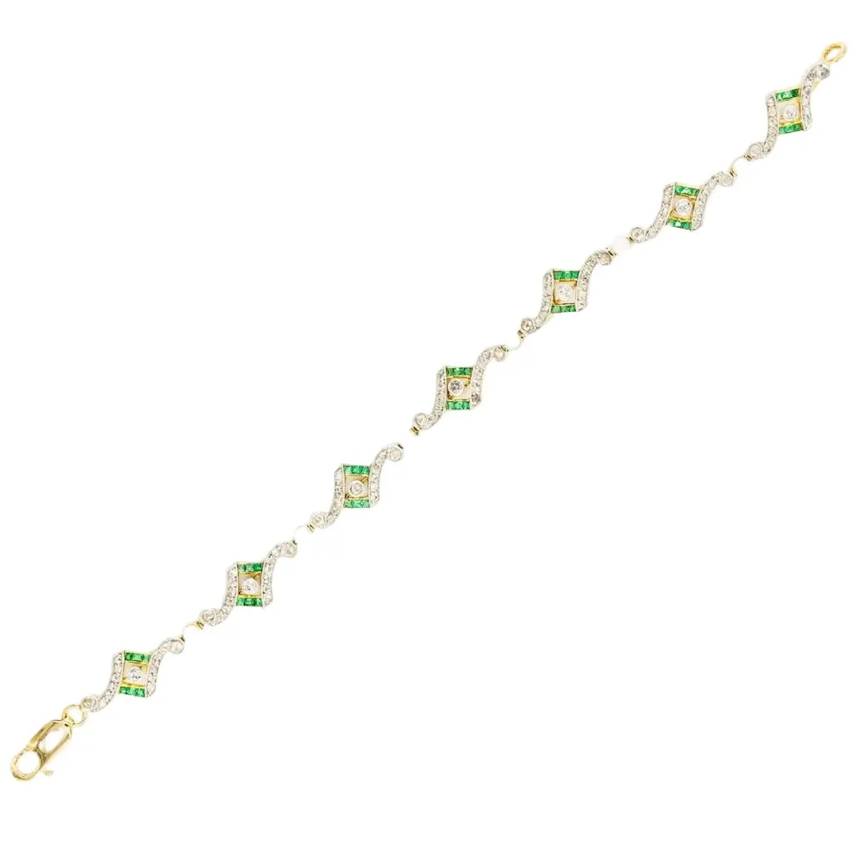 Bracelet Art Deco en or jaune, platine, perles, émeraudes et diamants