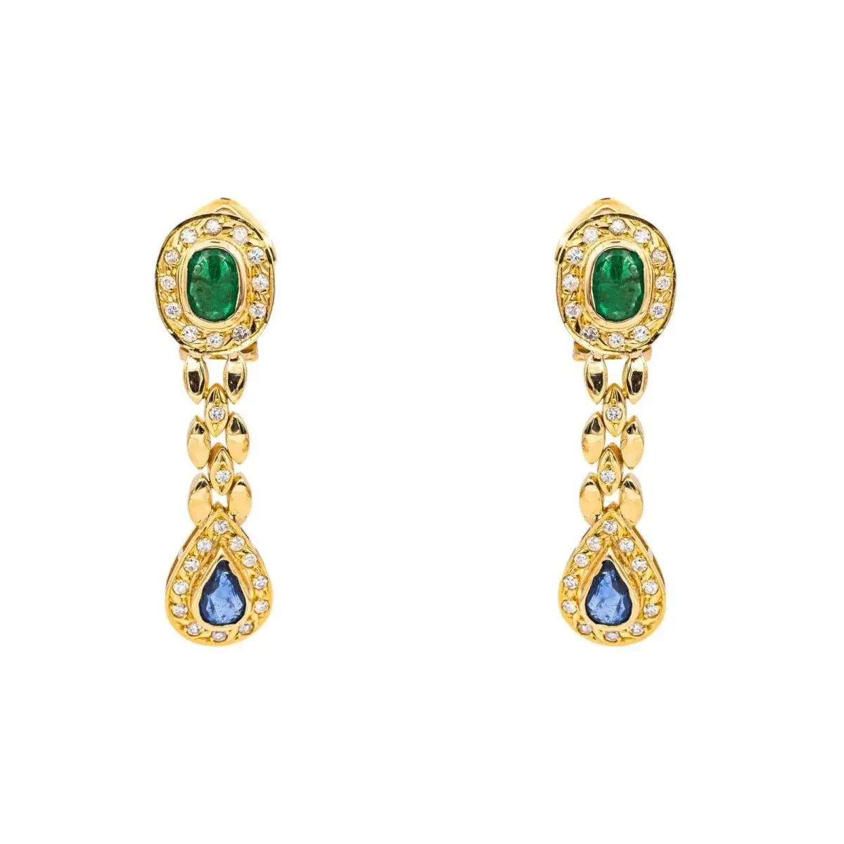 Boucles d'oreilles Pendantes en or jaune, émeraudes, saphirs et diamants