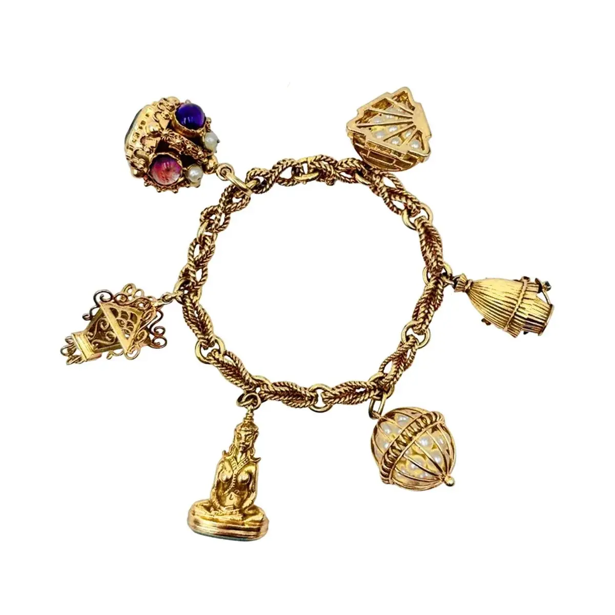 Bracelet Maille Breloques en or jaune, perles, améthystes, amazonite
