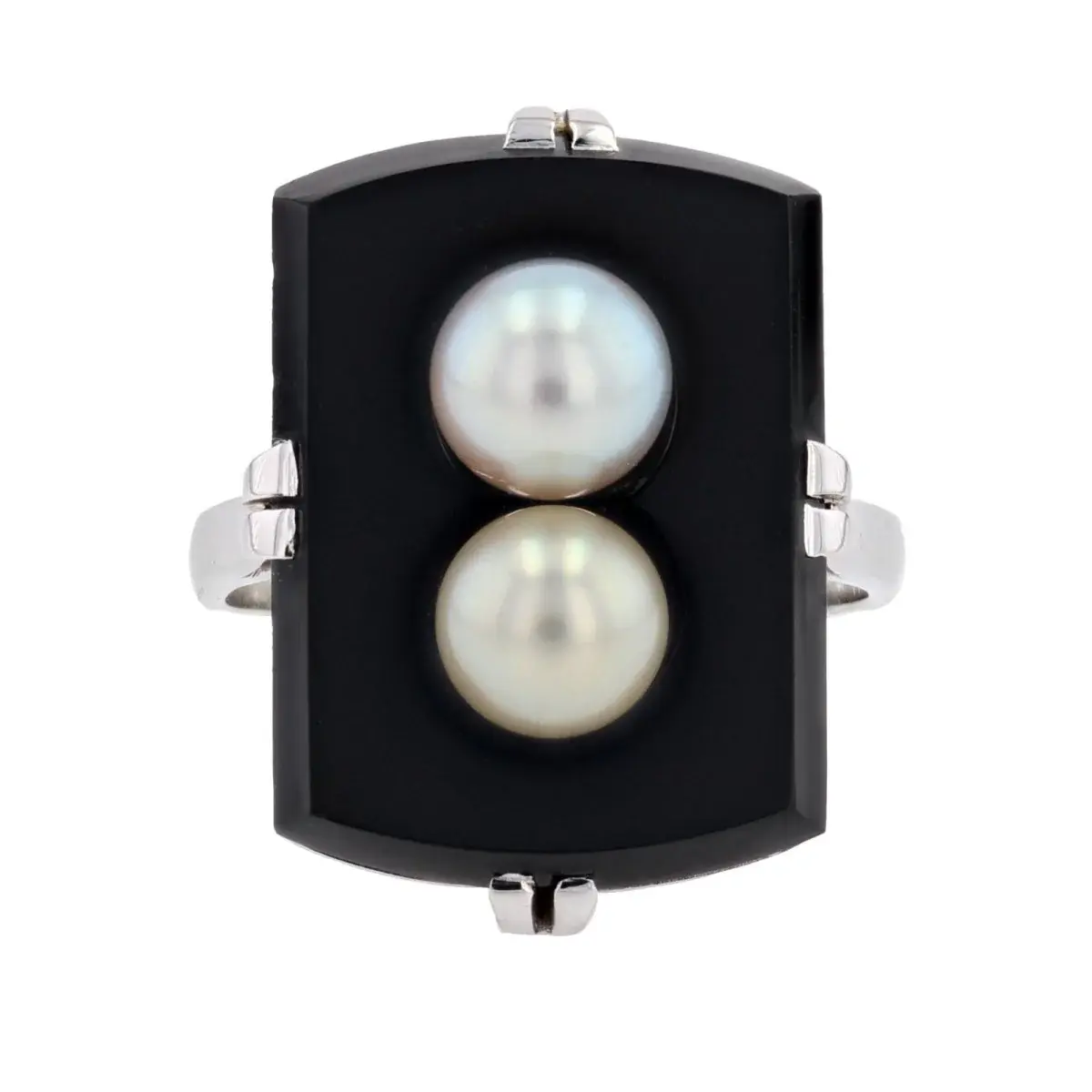 Bague Cocktail en or blanc, onyx et perle