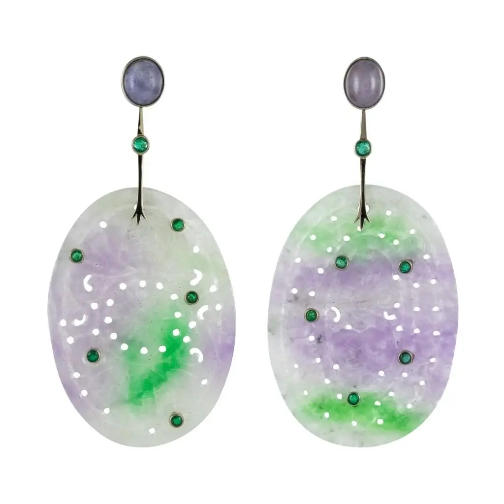 Boucles d'oreilles Pendantes en or blanc, jade et émeraudes
