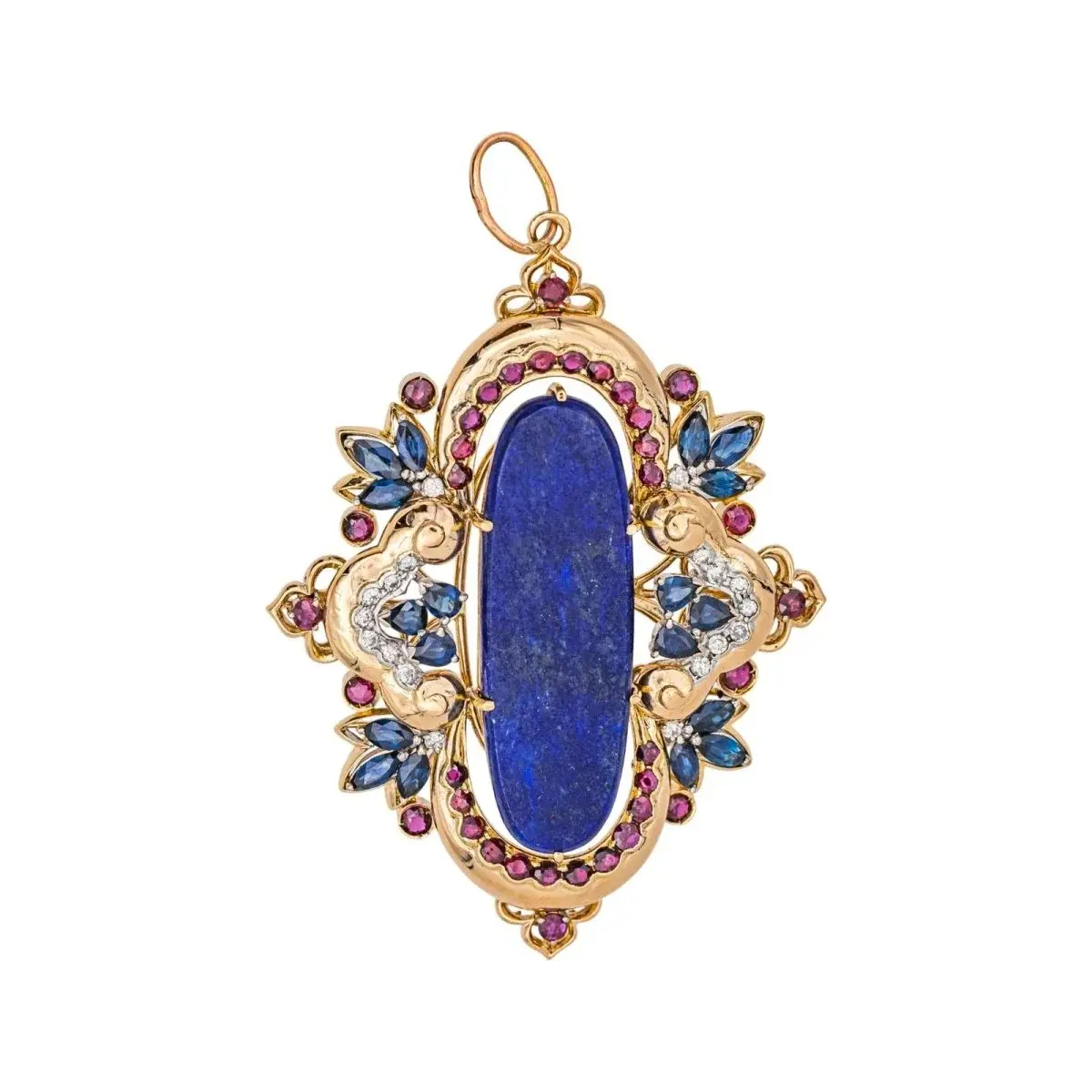 Pendentif en or jaune, lapis-lazuli, rubis, saphirs et diamants