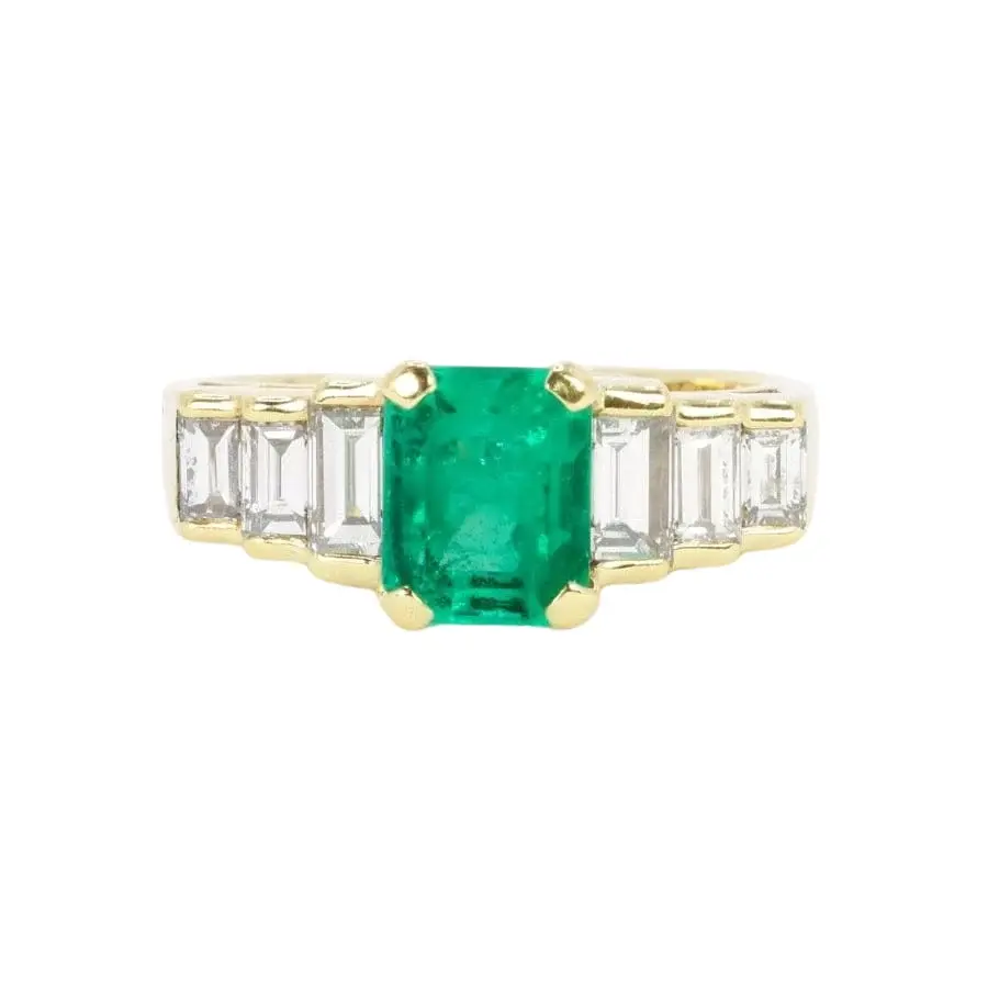 Bague Art Deco or jaune diamants émeraude colombienne Muzo 1,9 carat