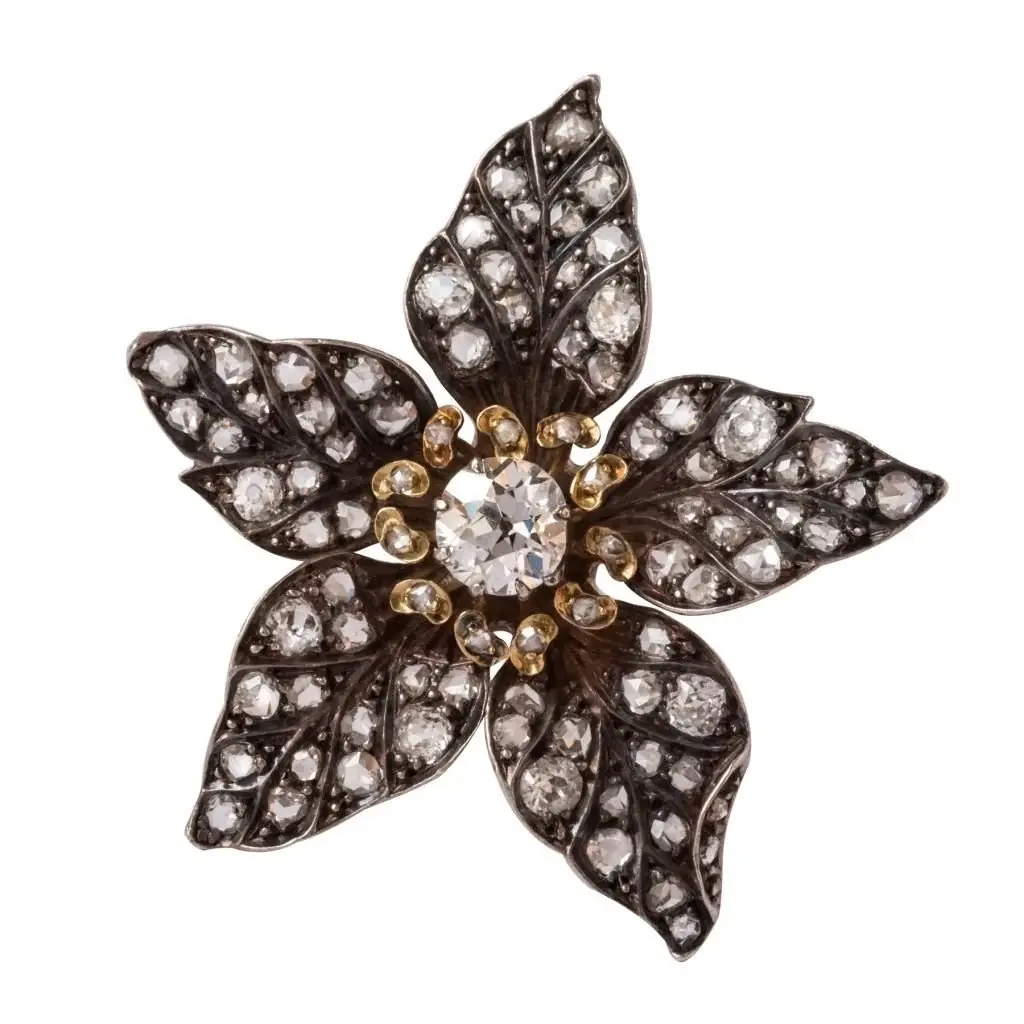 Pendentif ANCIEN Fleur en or jaune et argent avec diamants