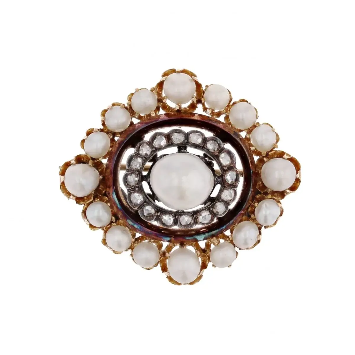 Broche Épingle en or jaune, argent, perles et diamants
