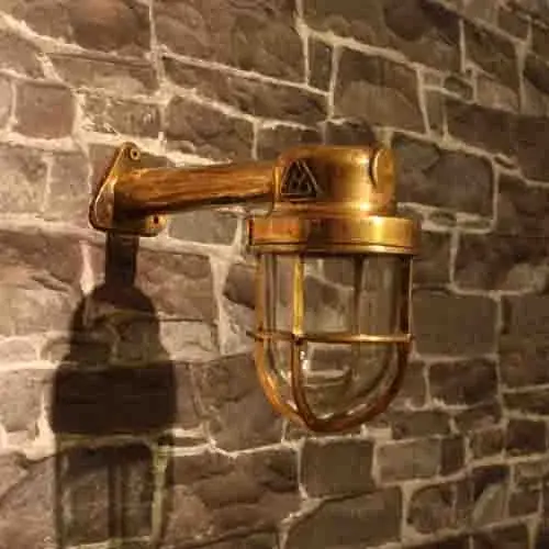 Vintage Brass Bulkhead Wall Light with Wooden Arm