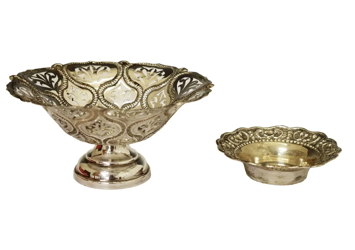 20th century white metal pedestal bowl together with a white metal dish