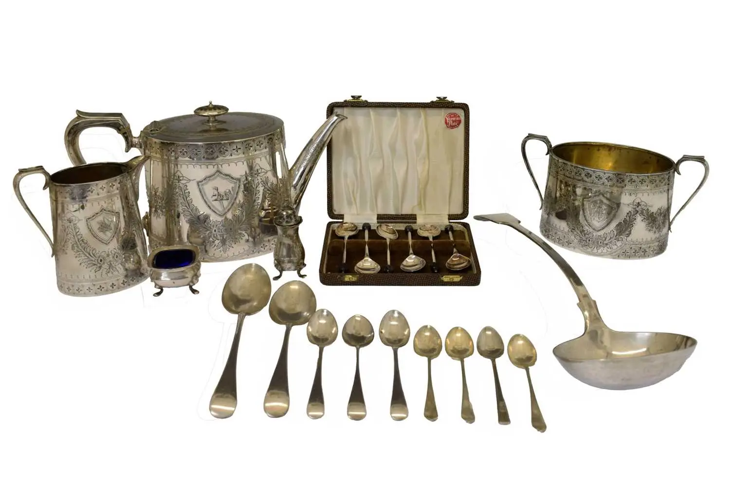 Assorted silver plated wares to include: a late 19th century three-piece