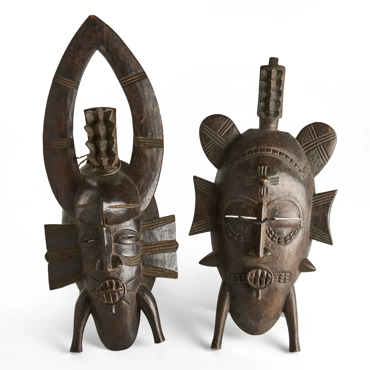 MASKER, 2 st, Senufo, "Kpelie", väst-Afrika, 1900-talets senare del.