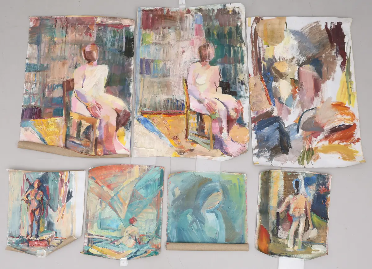 STINA EBERS 1962-2025. OLJA PÅ DUK, SJU FIGURSTUDIER, OSIGNERADE.
