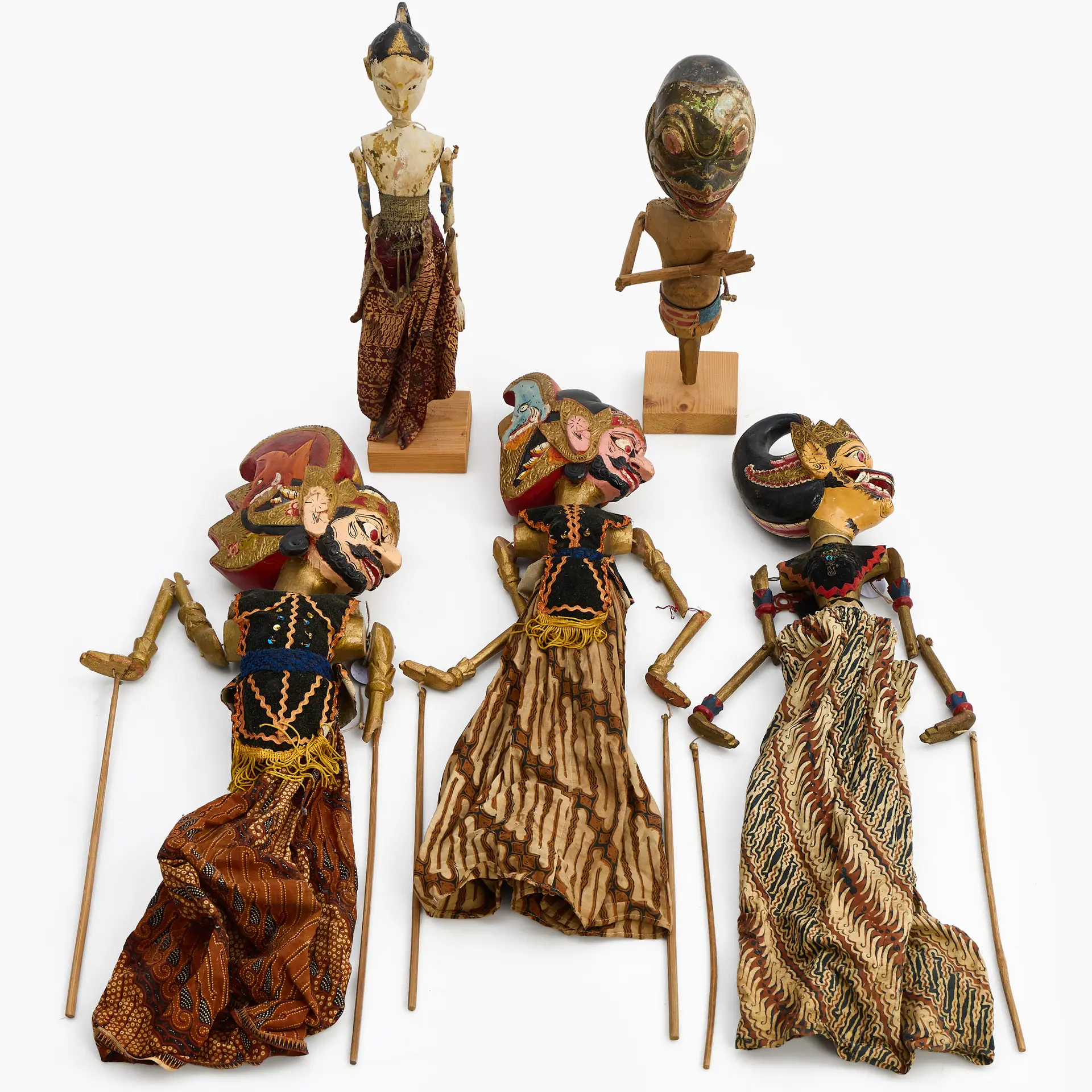 WAYANG GOLEK, 5 st marionettdockor, Java, Indonesien, 1900-tal.