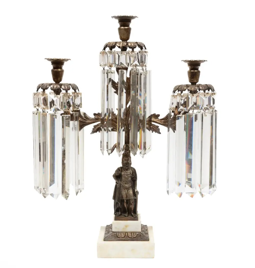 Antique Silvered Bronze Three-Light Prism Hung Girandole