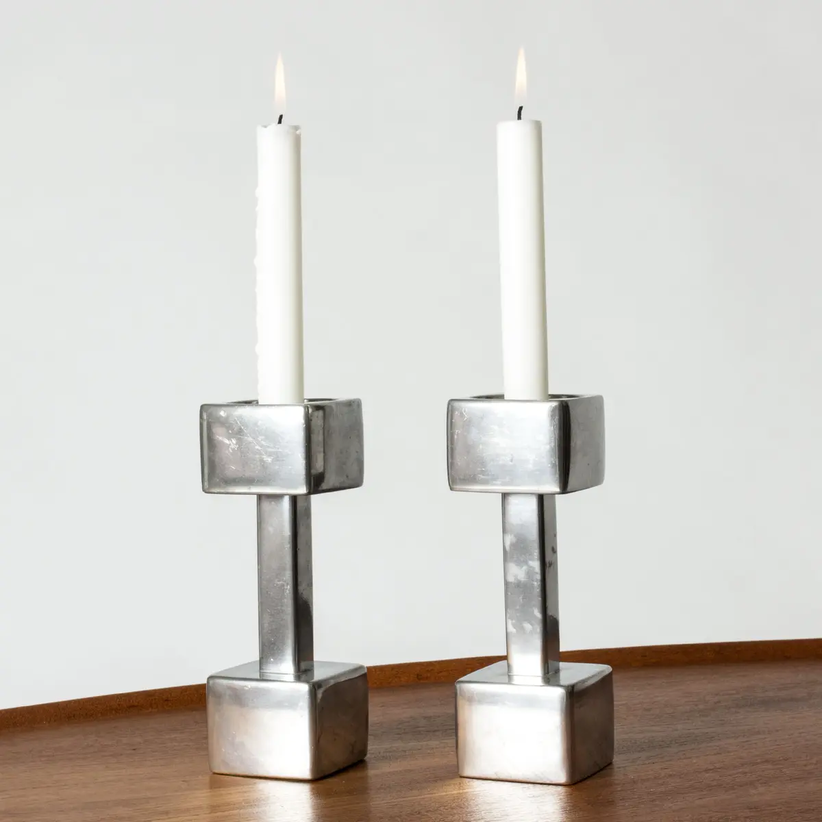 Pair of Modernist pewter candlesticks by Astrid Fog