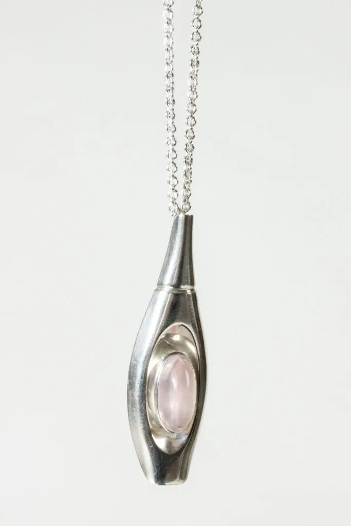 Midcentury silver and rose quartz pendant by Elis Kauppi