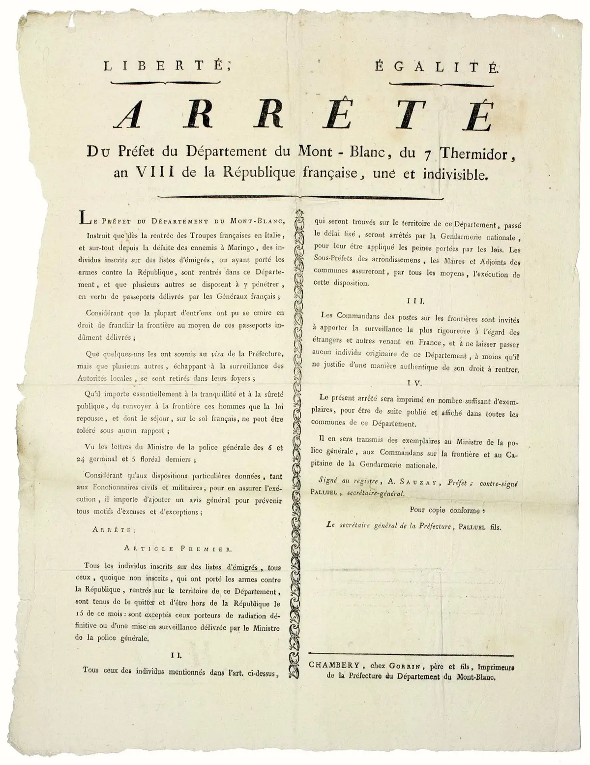 SAVOY. DEPARTMENT OF MONT BLANC. Decree issued by SAUZAY, Pr - Lot 302