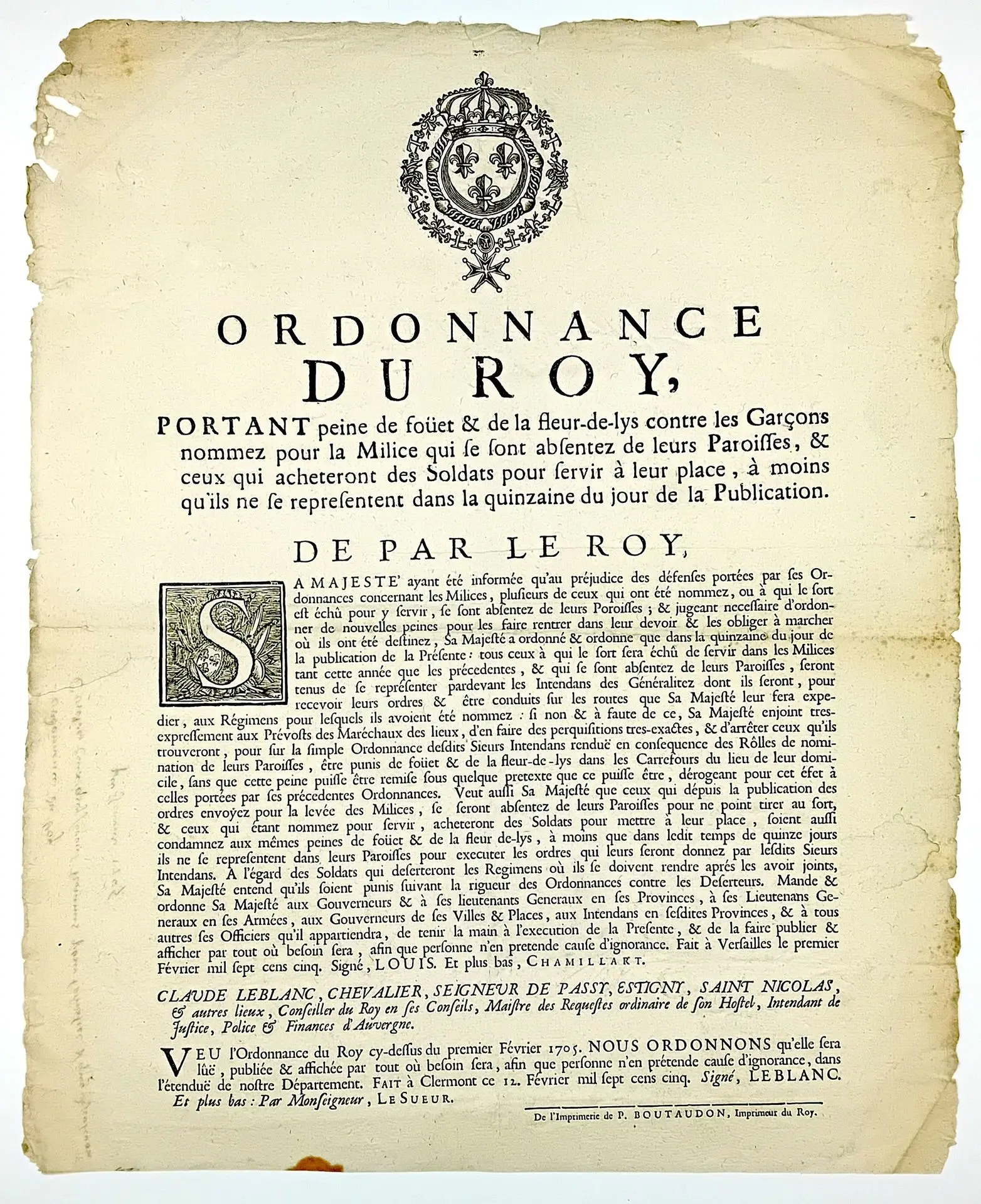 AUVERGNE. MILITIA 1705. “Ordinance of King LOUIS XIV, imposi - Lot 44