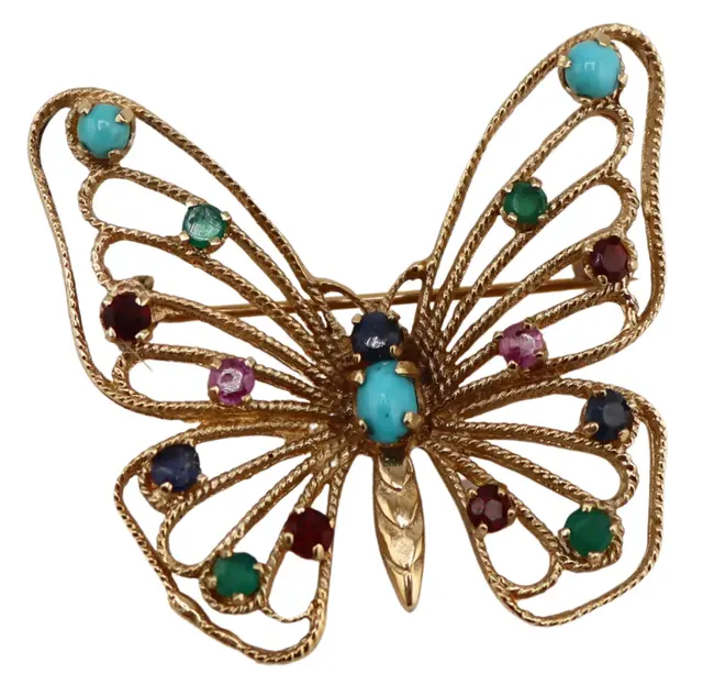 JEWELRY. 13kt Gold and Gem Butterfly Brooch.